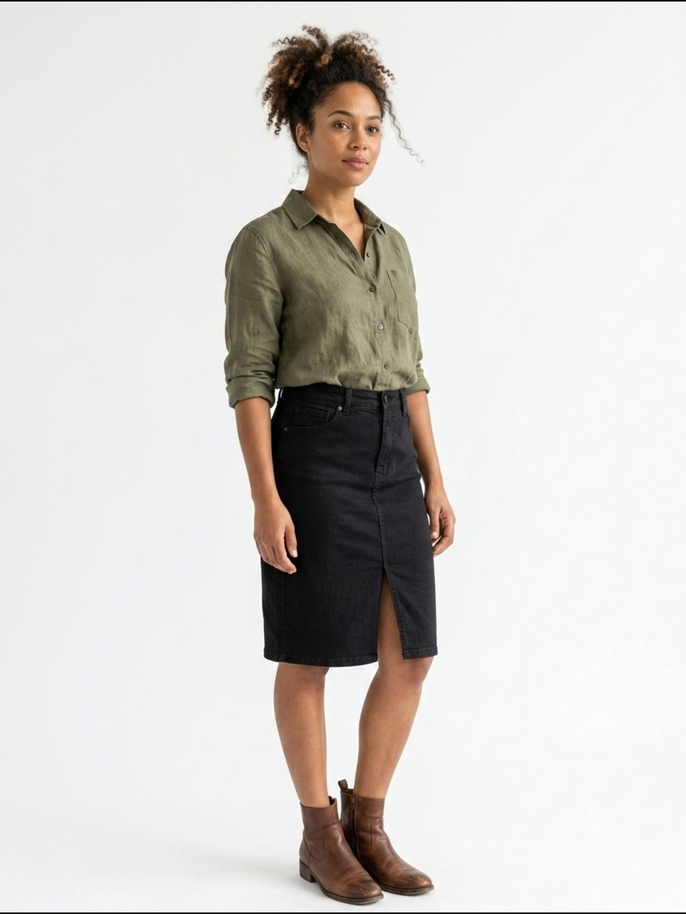 d. jeans Women's Black Denim Pencil Skirt Front Slit Office Siren 90s Minimalism